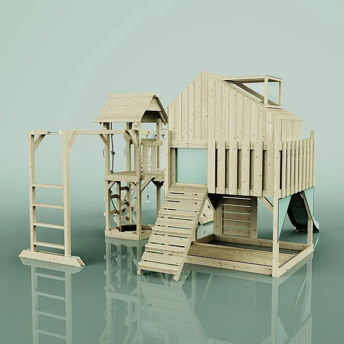 OutdoorToys Kinderspielturm Polarplay Bo Grün - Holz, Grün - Hölzernes Spielgerüst mit Haus, Rutsche, Leiter, Kletterstange und Sandkasten für Kinder.