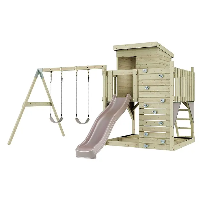 OutdoorToys Kinderspielturm Björn - L x B x H: 396 x 415 x 261 cm, Rosa - Hölzernes Spielset mit Schaukel, rosa Rutsche, Kletterwand und erhöhtem Spielhaus.