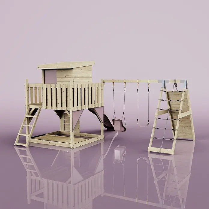 OutdoorToys Kinderspielturm Frida - L x B x H: 468 x 414 x 260 cm, Rosa - Spielturm aus hellem Holz mit Haus, rosa Rutsche, zwei Schaukeln und Kletternetz.