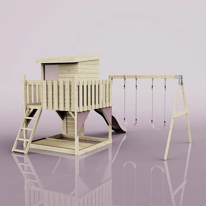 OutdoorToys Kinderspielturm Björn - L x B x H: 396 x 415 x 261 cm, Rosa - Hölzernes Spielgerüst mit erhöhtem Spielhaus, Rutsche, Sandkasten und dreifacher Schaukelstange.
