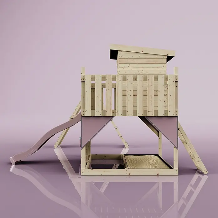OutdoorToys Kinderspielturm Frida - L x B x H: 468 x 414 x 260 cm, Rosa - Kinderspielhaus aus hellem Holz mit rosa Rutsche und Sandkasten.