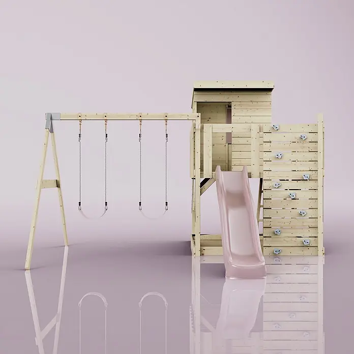 OutdoorToys Kinderspielturm Björn - L x B x H: 396 x 415 x 261 cm, Rosa - Holzspielturm mit zwei Schaukeln, einer rosa Rutsche und einer Kletterwand an einem Spielhaus.