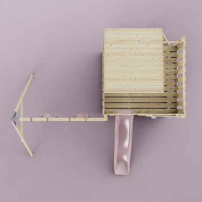 OutdoorToys Kinderspielturm Björn - L x B x H: 396 x 415 x 261 cm, Rosa - Hölzernes Spielgerüst mit rosa Rutsche und angeschlossener Schaukel, von oben gesehen.