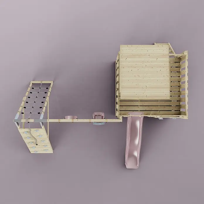 OutdoorToys Kinderspielturm Frida - L x B x H: 468 x 414 x 260 cm, Rosa - Spielturm aus Holz mit Kletternetz, Kletterwand, Turnringen und rosa Rutsche.