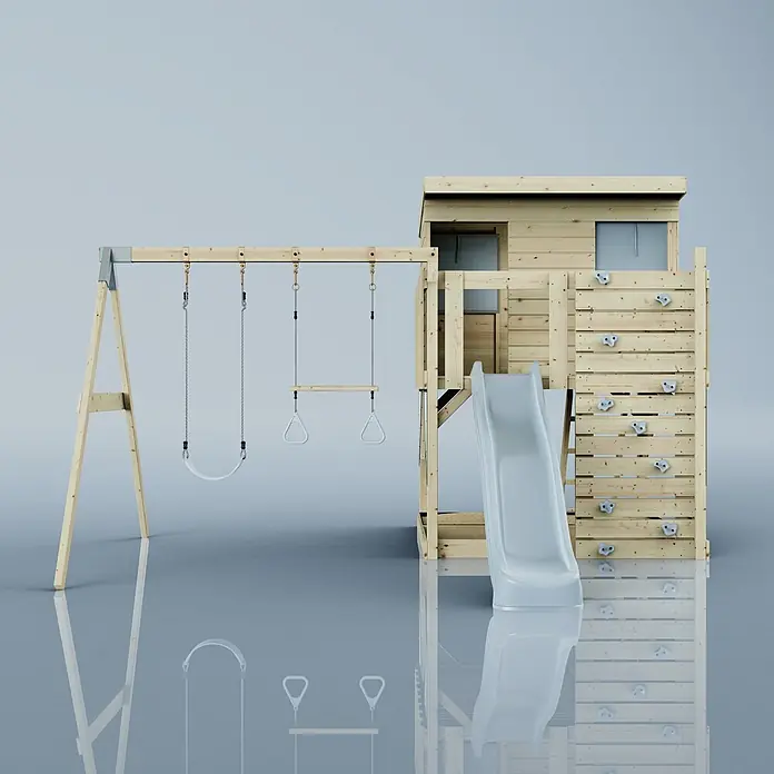OutdoorToys Kinderspielturm Nils - L x B x H: 396 x 415 x 260 cm, Blau - Hölzerner Spielplatz mit Schaukeln, Turnringen, Rutsche und Kletterwand.