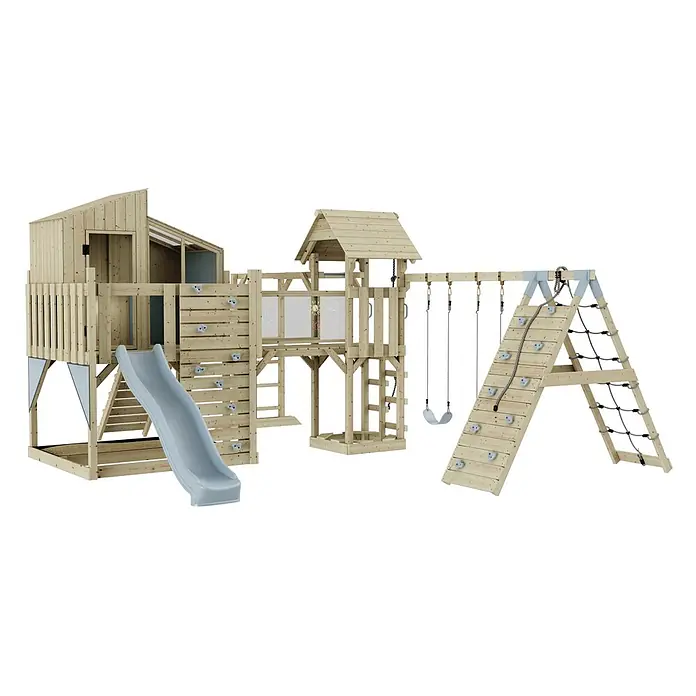 OutdoorToys Kinderspielturm Polarplay Gustav - L x B x H: 562 x 503 x 291 cm, Blau - Holzspielplatz mit Rutsche, Kletterwand, Kletternetz und Schaukeln. Mehrstufige Struktur aus Naturholz mit grauen Akzenten.