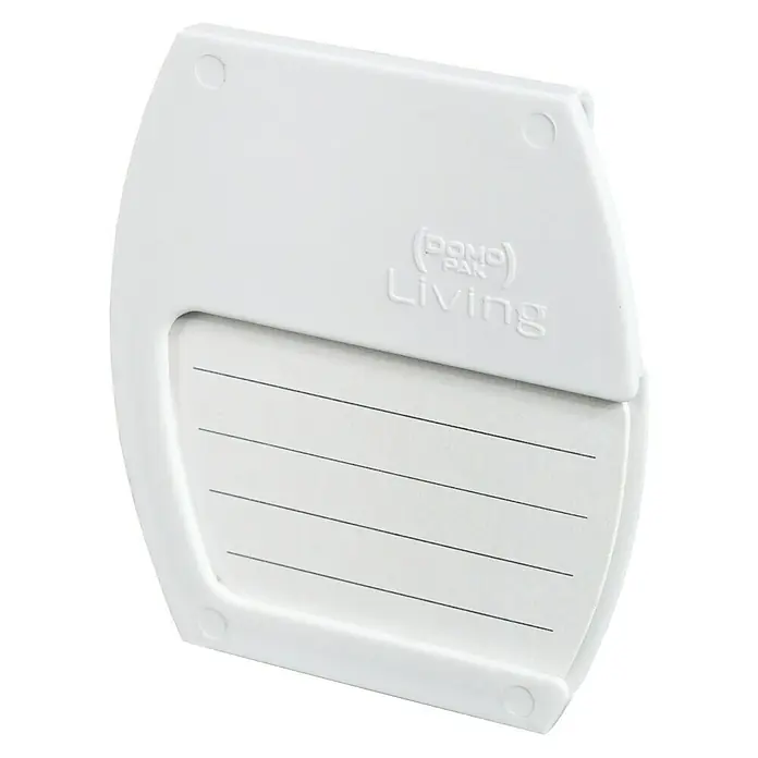 Porta etiquetas - Específico para: Cajas - Primer plano de una etiqueta blanca Pond Pak Living con líneas para escribir, perfecta para el cuidado y organización de estanques.