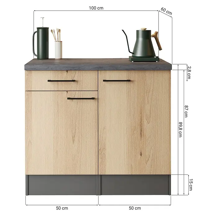 Respekta Buffetschrank - Breite: 100 cm, Grau Matt, Ohne Oberschrank - Heller Küchenunterschrank aus Holz mit dunkelgrauer Arbeitsplatte und Sockel, zwei Schubladen und einer Tür mit schwarzen Griffen.