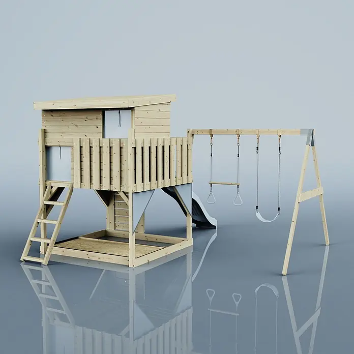 OutdoorToys Kinderspielturm Nils - L x B x H: 396 x 415 x 260 cm, Blau - Holzklettergerüst mit erhöhtem Spielhaus, Leiter, Rutsche und Schaukeln (Trapez und klassische Schaukel).
