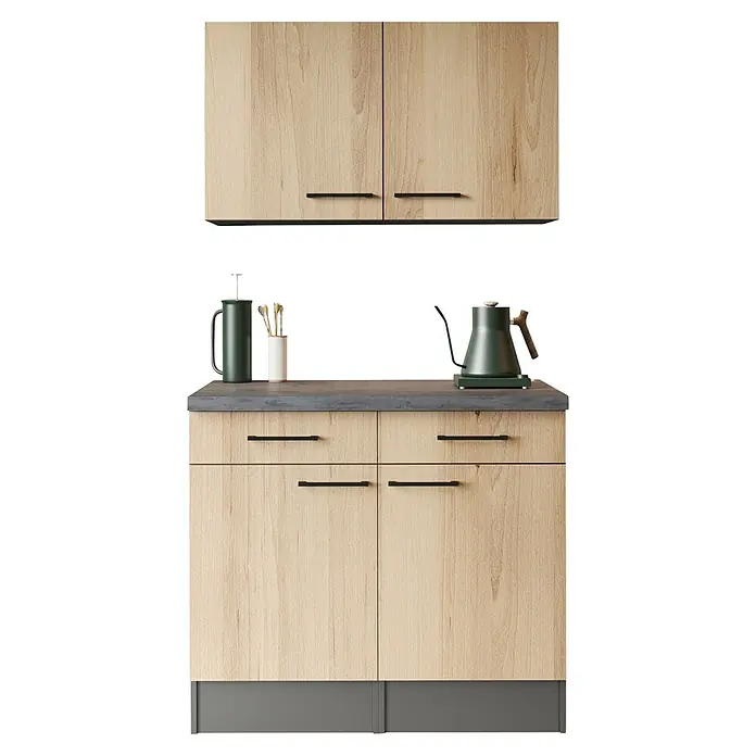 Respekta Oliver Sideboard - Breite: 100 cm, Artisan Eiche, Mit Oberschrank - Helle Holz-Küchenschränke mit dunkelgrauer Arbeitsplatte, grünem Wasserkocher und Zubehör.