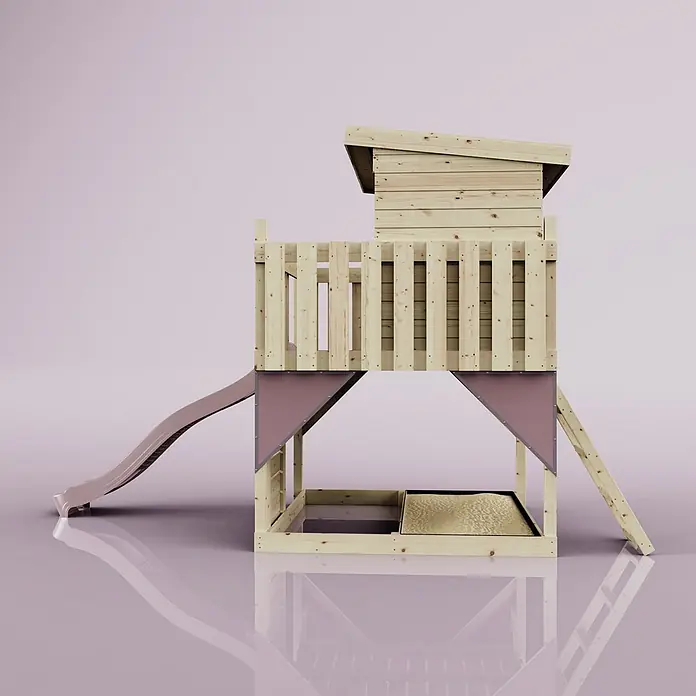 OutdoorToys Kinderspielturm Stelzenhaus Polarstern - L x B x H: 190 x 415 x 260 cm, Rosa - Holzspielhaus mit Rutsche und Sandkasten.