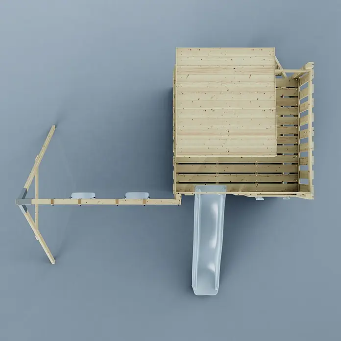 OutdoorToys Kinderspielturm Björn - L x B x H: 396 x 415 x 261 cm, Blau - Draufsicht auf ein hölzernes Spielhaus mit Rutsche und angegliederter Balancierbalken-Kletterstruktur.