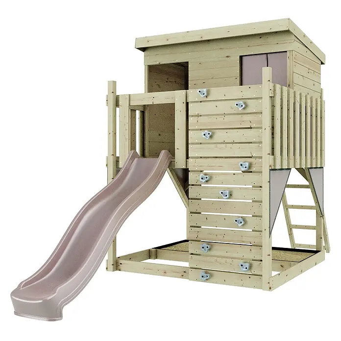 OutdoorToys Kinderspielturm Stelzenhaus Polarstern - L x B x H: 190 x 415 x 260 cm, Rosa - Ein helles Holz-Kinderspielhaus mit brauner Rutsche, Kletterwand mit grauen Griffen und erhöhter Plattform.
