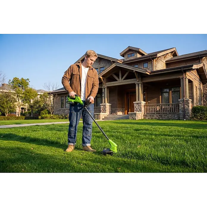 Greenworks Akku-Rasentrimmer 24V BL 25 cm - 24 V, Li-Ionen, Ohne Akku, Schnittbreite Messer: 25 cm - Mann trimmt Gras mit einem grün-schwarzen Rasentrimmer im Garten.