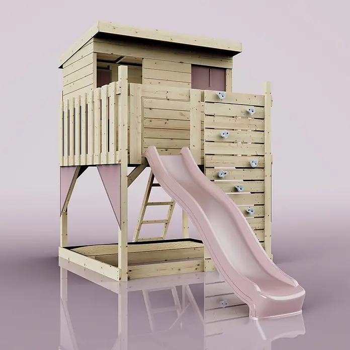 OutdoorToys Kinderspielturm Stelzenhaus Polarstern - L x B x H: 190 x 415 x 260 cm, Rosa - Spielturm aus hellem Holz mit rosa Rutsche und Kletterwand.