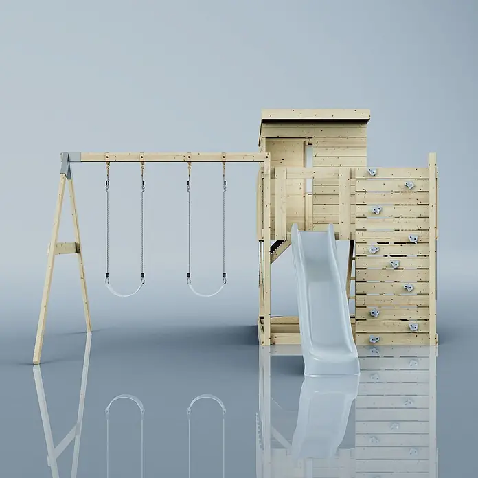 OutdoorToys Kinderspielturm Björn - L x B x H: 396 x 415 x 261 cm, Blau - Hölzernes Kinderspielgerät mit zwei Schaukeln, einer grauen Rutsche und einer Kletterwand mit Griffen.