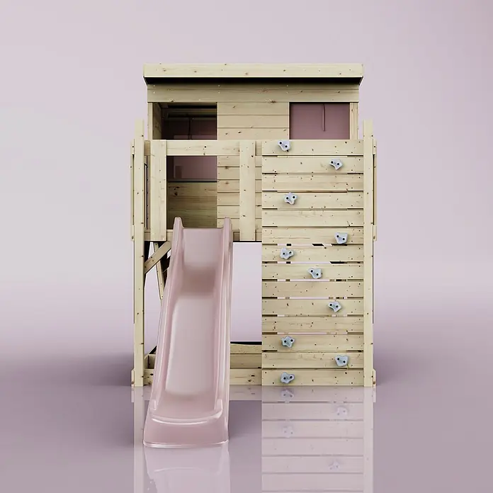 OutdoorToys Kinderspielturm Stelzenhaus Polarstern - L x B x H: 190 x 415 x 260 cm, Rosa - Holzspielhaus mit rosa Rutsche und Kletterwand mit hellgrauen Griffen.