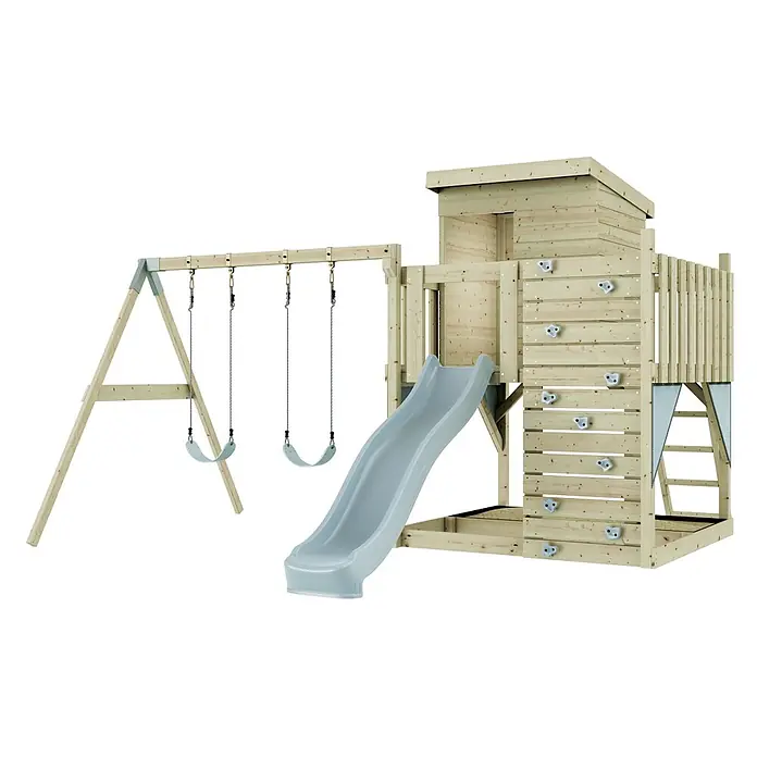 OutdoorToys Kinderspielturm Björn - L x B x H: 396 x 415 x 261 cm, Blau - Hölzernes Spielgerät mit zwei Schaukeln, einer hellgrauen Rutsche, Kletterwand und Spielturm.
