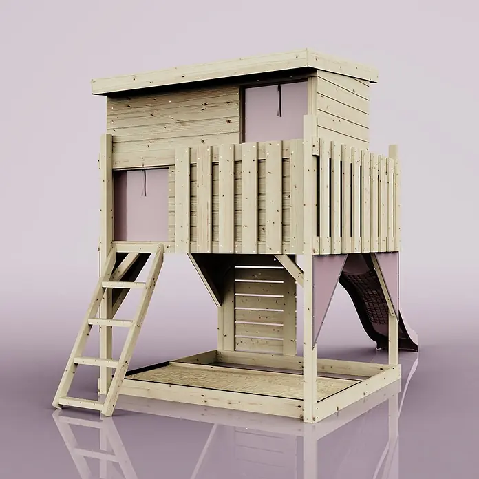 OutdoorToys Kinderspielturm Stelzenhaus Polarstern - L x B x H: 190 x 415 x 260 cm, Rosa - Holzspielturm mit erhöhtem Spielhaus, Sandkastenbasis, Leiter und rosa ummantelter Rutsche.