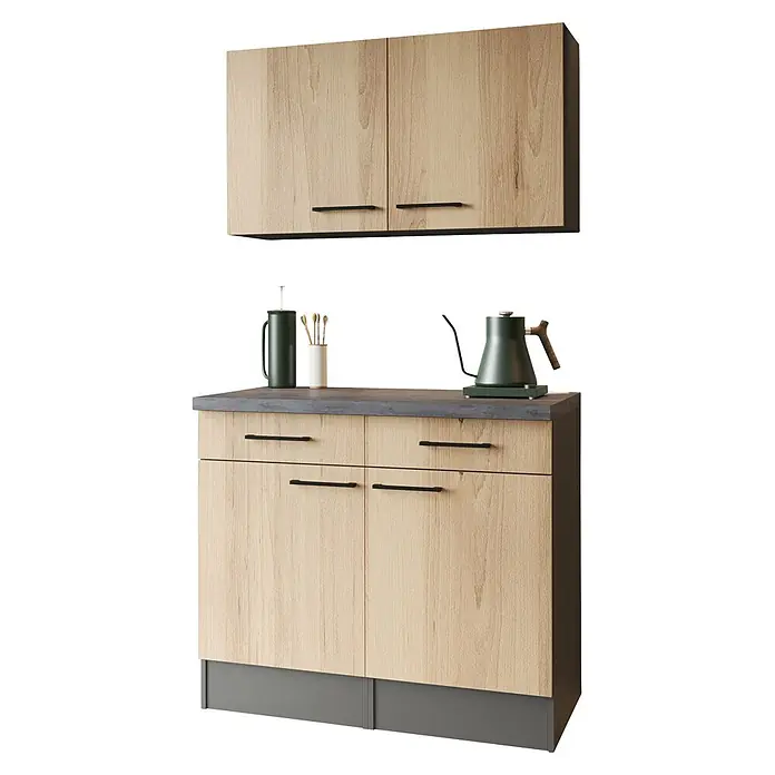 Respekta Oliver Sideboard - Breite: 100 cm, Artisan Eiche, Mit Oberschrank - Küchenschränke mit hellen Holzmaserungstüren, dunkelgrauen Griffen, Arbeitsplatte und Sockelleiste, mit Schwanenhalskessel und Becher.