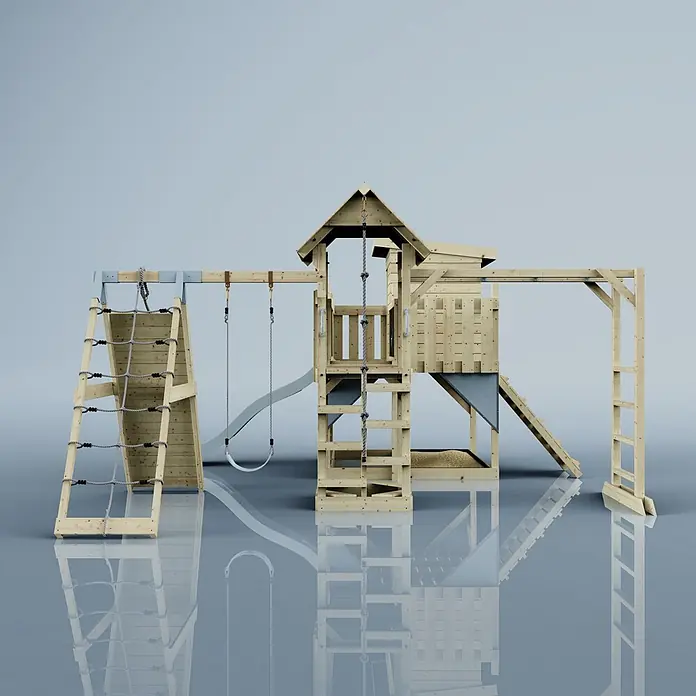 OutdoorToys Kinderspielturm Polarplay Tessa - L x B x H: 490 x 503 x 274 cm, Blau - Hölzernes Spielgerüst mit Turm, Schaukeln, Kletternetz und Rutsche für Kinder.