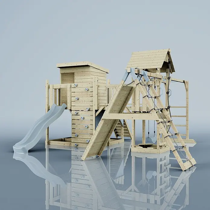 OutdoorToys Kinderspielturm Polarplay Tessa - L x B x H: 490 x 503 x 274 cm, Blau - Hölzerner Kinderspielplatz mit grauer Rutsche, Kletterwand, Strickleiter und Schaukeln.
