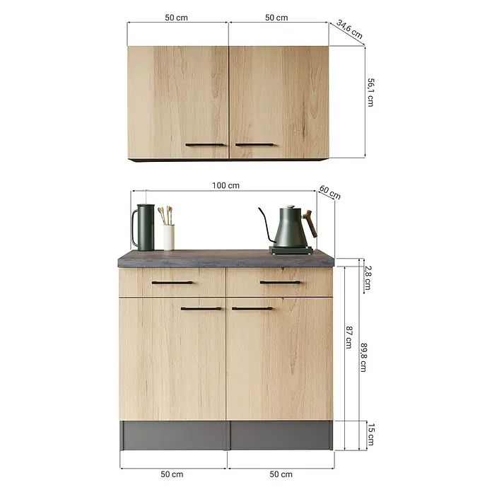 Respekta Oliver Sideboard - Breite: 100 cm, Grau Matt, Mit Oberschrank - Küchenschrank-Set in heller Holzoptik mit dunkelgrauer Arbeitsplatte, Griffen und Sockel. Besteht aus Wandschränken und einem Unterschrank mit Schubladen.