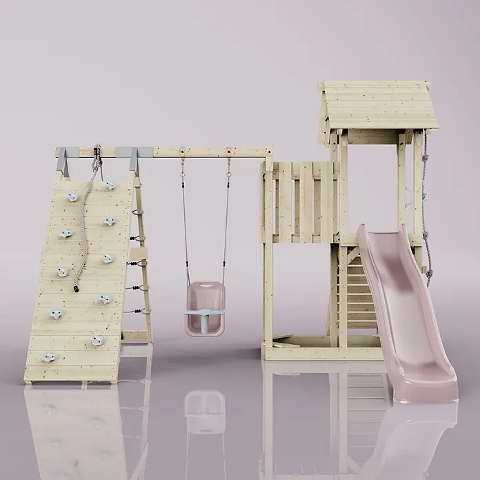 OutdoorToys Kinderspielturm Farö - L x B x H: 364 x 357 x 273 cm, Rosa - Hölzernes Outdoor-Spielset mit Kletterwand, rosa Babyschaukel und rosafarbener Rutsche.