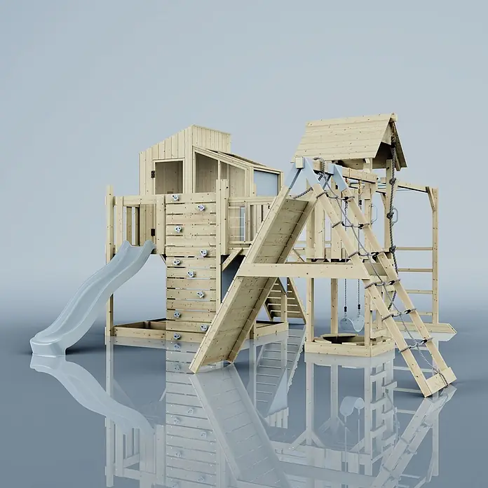 OutdoorToys Kinderspielturm Polarplay Tammo - L x B x H: 490 x 503 x 291 cm, Blau - Hölzernes Spielgerüst aus hellem Naturholz mit grauer Rutsche, Kletterwand und Strickleiter für Kinderspielplätze.