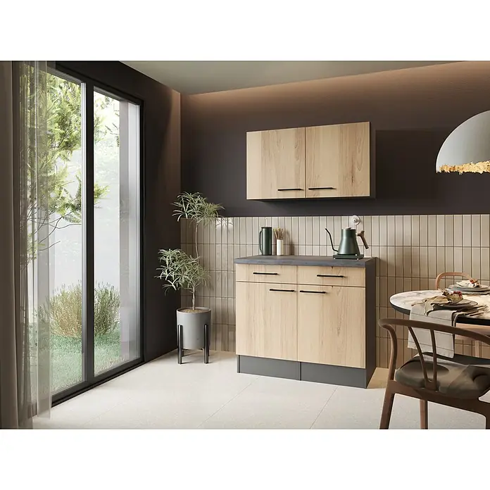 Respekta Oliver Sideboard - Breite: 100 cm, Artisan Eiche, Mit Oberschrank - Moderne Küchenmöbel mit hellen Holzschränken, einer dunkelgrauen Arbeitsplatte und schwarzen Griffen, integriert in einen hellen Küchen- und Essbereich.