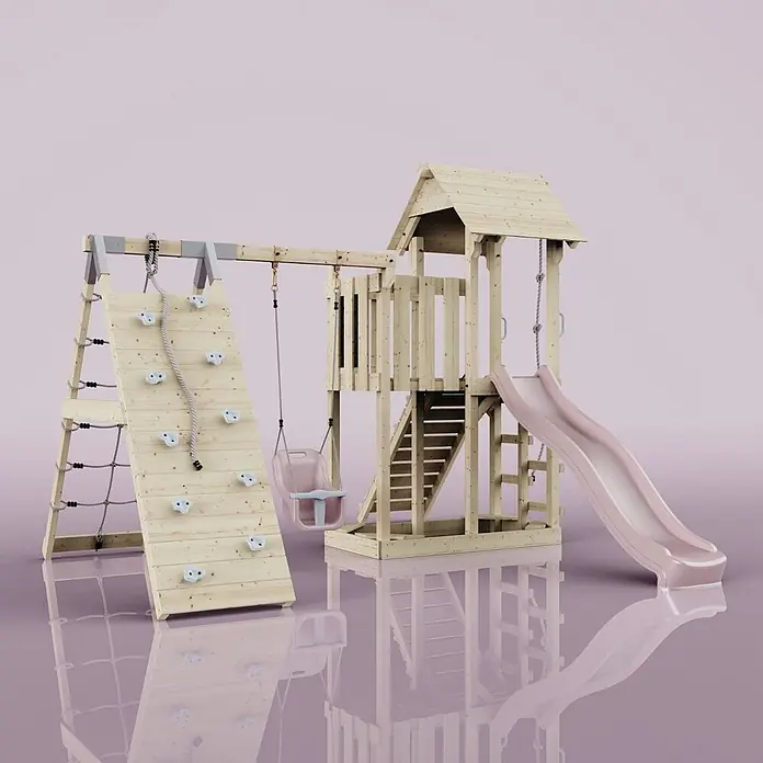 OutdoorToys Kinderspielturm Farö - L x B x H: 364 x 357 x 273 cm, Rosa - Holzspielplatz mit rosa Rutsche, Schaukel, Kletterwand und Spielturm.