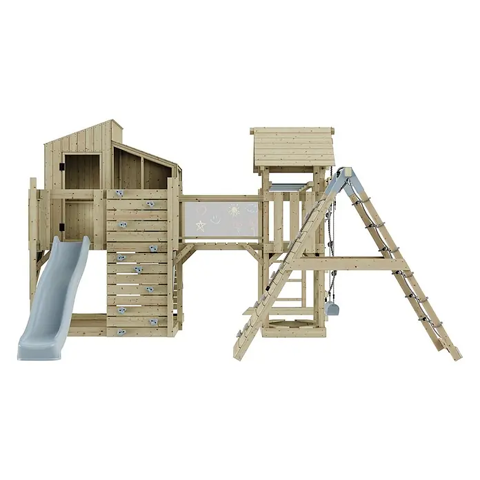 OutdoorToys Kinderspielturm Polarplay Tammo - L x B x H: 490 x 503 x 291 cm, Blau - Hölzernes Outdoor-Spielset mit grauer Rutsche, Kletterwand, Tafel und Seilleiter für Kinder.
