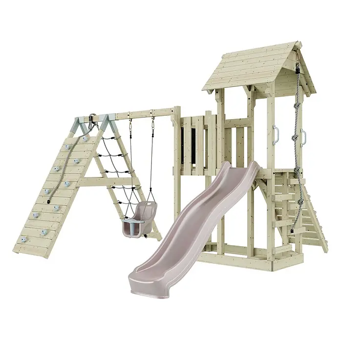 OutdoorToys Kinderspielturm Farö - L x B x H: 364 x 357 x 273 cm, Rosa - Helles Holzspielplatz-Set mit hellrosa Rutsche, Kletterwand, Seilnetz und Babyschaukel.