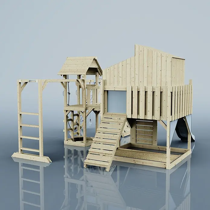 OutdoorToys Kinderspielturm Polarplay Tammo - L x B x H: 490 x 503 x 291 cm, Blau - Helles hölzernes Spielplatz-Set mit Haus, Rutsche und Kletterelementen.