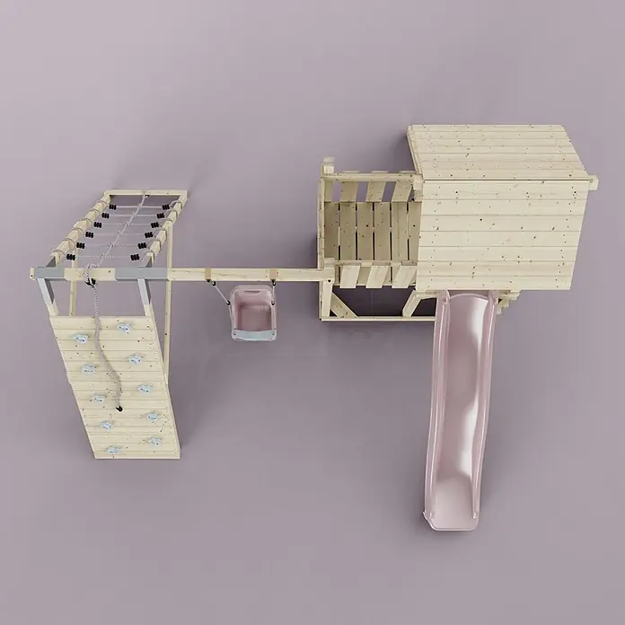 OutdoorToys Kinderspielturm Farö - L x B x H: 364 x 357 x 273 cm, Rosa - Holzspielturm mit Kletterwand, Seilnetz, rosa Eimerschaukel und rosa Rutsche.