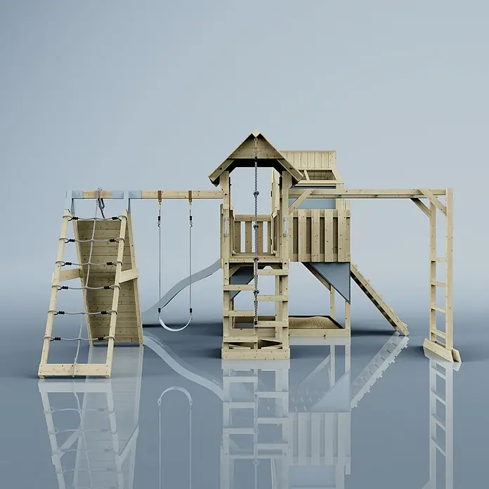 OutdoorToys Kinderspielturm Polarplay Tammo - L x B x H: 490 x 503 x 291 cm, Blau - Heller Kinderspielplatz aus Holz mit Spielhaus, Schaukeln, Rutsche, Kletternetz und Seil.