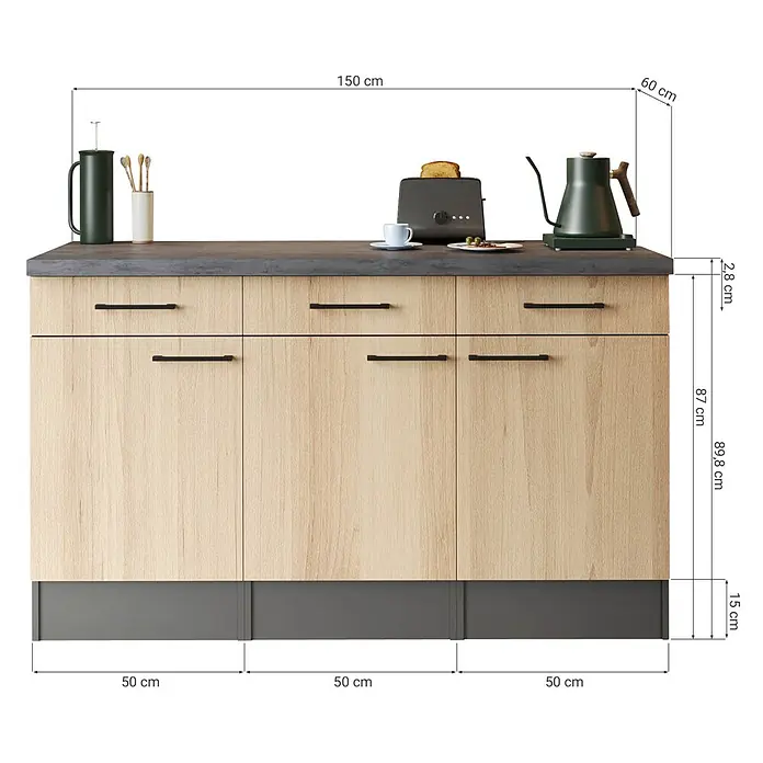 Respekta Oliver Sideboard - Breite: 150 cm, Grau Matt, Ohne Oberschrank - Küchenunterschrank in heller Holzoptik mit dunkelgrauer Arbeitsplatte und Sockel, ausgestattet mit drei Schubladen und drei Türen.