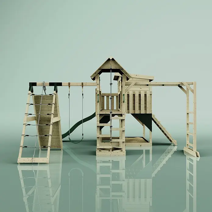 OutdoorToys Kinderspielturm Bene Kinderschaukel; - Holz, Grün - Hölzernes Spielset mit Kletternetz, Schaukeln, Rutsche, Spielhaus und Sandkasten, mit grünen Akzenten.