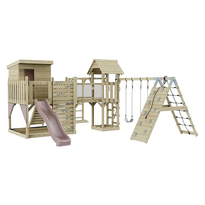 OutdoorToys Kinderspielturm Polarplay Lars - L x B x H: 562 x 503 x 274 cm, Rosa - Großes Holzspielgerät mit zwei Türmen, rosa Rutsche, Schaukeln, Kletterwand und Netz. Naturholz mit hellgrauen/rosafarbenen Akzenten.