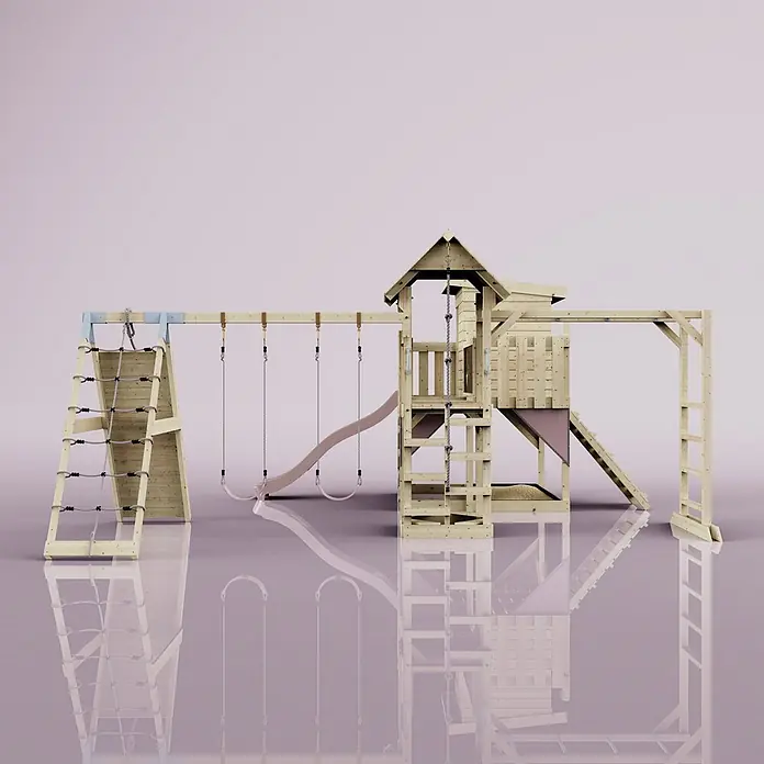 OutdoorToys Kinderspielturm Polarplay Lars - L x B x H: 562 x 503 x 274 cm, Rosa - Helles Holz-Kinderspielplatz mit Klettergerüst, rosa Rutsche, zwei Schaukeln und Kletternetz.