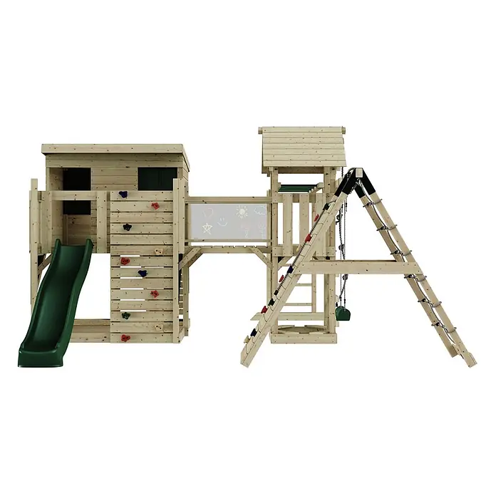 OutdoorToys Kinderspielturm Bene Kinderschaukel; - Holz, Grün - Holzspielplatz mit grüner Rutsche, Kletterwand, Kreidetafel, Seilleitern und Schaukeln.