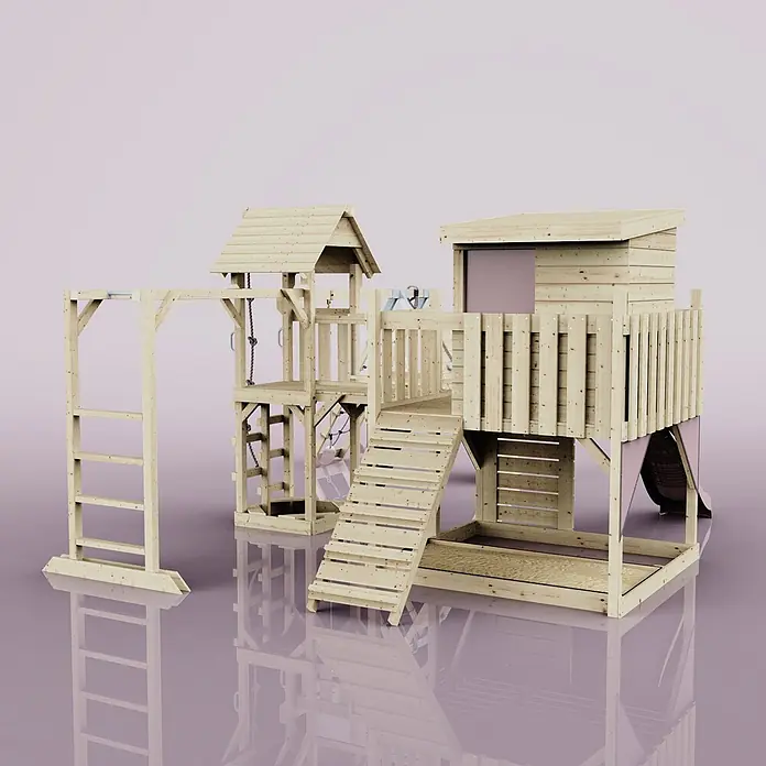 OutdoorToys Kinderspielturm Polarplay Lars - L x B x H: 562 x 503 x 274 cm, Rosa - Große hölzerne Spielplatzanlage mit Kletterturm, Rutsche, Affenschaukel und Sandkasten. Helles Holz.
