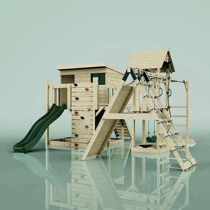 OutdoorToys Kinderspielturm Bene Kinderschaukel; - Holz, Grün - Großer Holzspielplatz für draußen mit grüner Rutsche, Kletterwand mit bunten Griffen, Schaukeln und Strickleiter für Kinder.