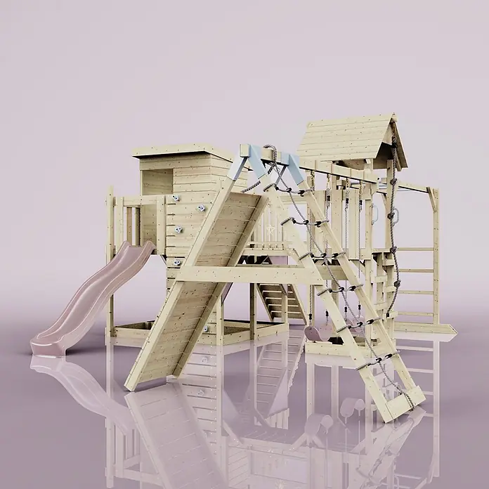 OutdoorToys Kinderspielturm Polarplay Lars - L x B x H: 562 x 503 x 274 cm, Rosa - Hölzerner Outdoor-Spielplatz mit rosa Rutsche, Kletterwand, Seilnetz und Schaukeln.