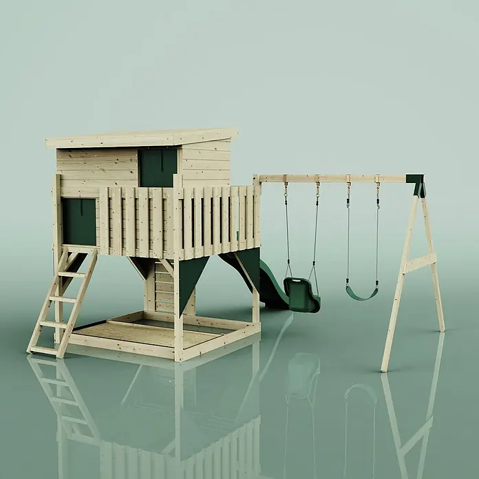 OutdoorToys Kinderspielturm Nils - L x B x H: 396 x 415 x 260 cm, Grün - Hölzernes Kinderspielhaus mit dunkelgrüner Rutsche und Schaukeln, inklusive Sandkastenbereich.