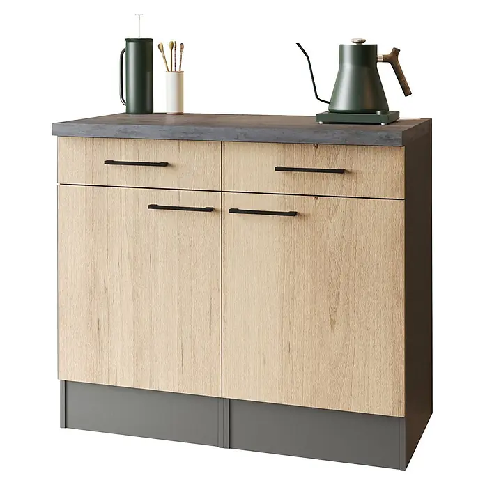 Respekta Oliver Sideboard - Breite: 100 cm, Artisan Eiche, Ohne Oberschrank - Heller Küchenschrank in Holzoptik mit grauer Arbeitsplatte, schwarzen Griffen, dunkelgrünem Schwanenhals-Wasserkocher und Isolierbecher.