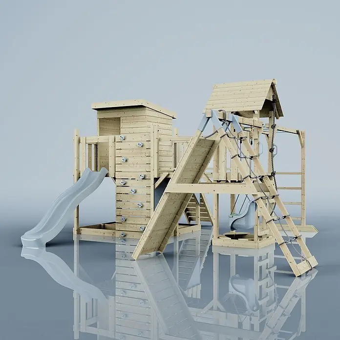 OutdoorToys Kinderspielturm Polarplay Tessa - L x B x H: 490 x 503 x 274 cm, Blau - Mehrzweck-Spielplatz aus hellem Holz mit Rutschen, Kletterwand, Seilen und einer Schaukel für Kinder.