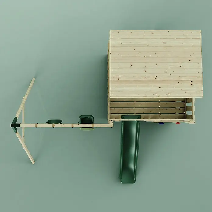 OutdoorToys Kinderspielturm Nils - L x B x H: 396 x 415 x 260 cm, Grün - Draufsicht auf ein Holzspielplatz mit grüner Rutsche und zwei grünen Schaukeln.