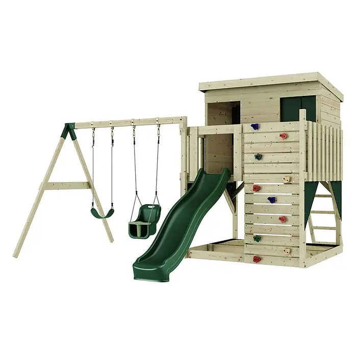 OutdoorToys Kinderspielturm Nils - L x B x H: 396 x 415 x 260 cm, Grün - Hölzerner Spielturm mit grüner Rutsche, Kletterwand mit bunten Griffen und zwei Schaukeln (Baby- und Standardschaukel).