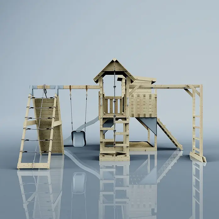 OutdoorToys Kinderspielturm Polarplay Tessa - L x B x H: 490 x 503 x 274 cm, Blau - Hölzerner Kinderspielplatz mit Kletternetz, Schaukel, Rutsche und Spielturm.
